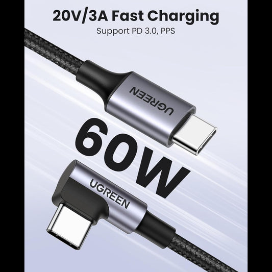 UGREEN USB-C 2.0 Male To Angled USB-C 2.0 Male 3A Data Cable(90°Angle) /US255 متجر نصر