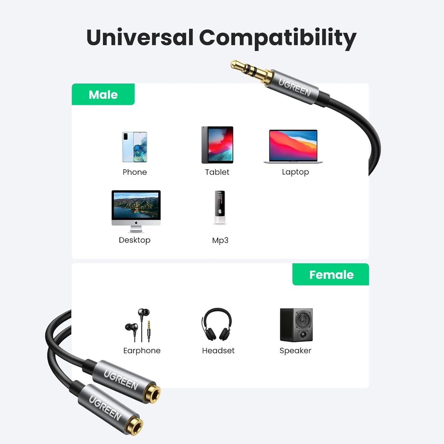 10532 / UGREEN Headphone Splitter 3.5mm Audio Stereo Y Splitter Aux Extension Cable Male to Female Dual Headphone Jack Adapter for Earphone متجر نصر