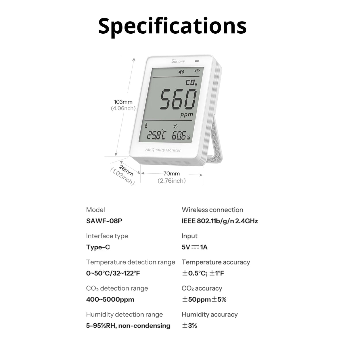 Sonoff-C AirGuard Wi-Fi Air Quality Monitor (PM2.5/PM10 or CO2) Matter | SAWF-07P - متجر نصر