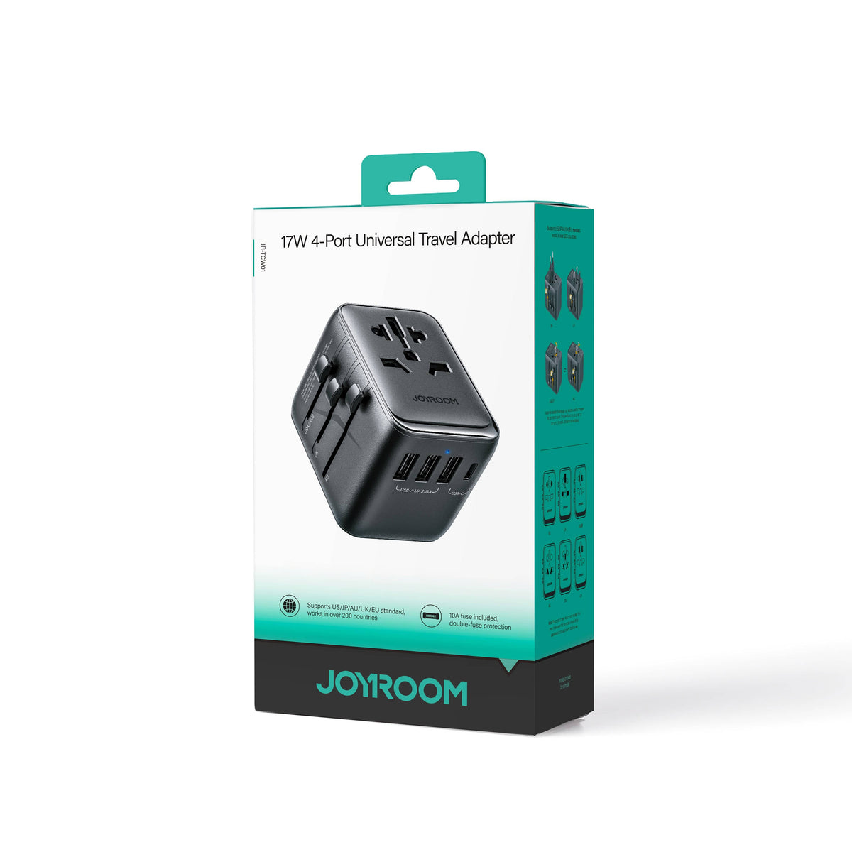 JOYROOM-C 17W Universal Travel Adapter, 3 USB-A + 1 USB-C + AC Socket, US/UK/EU/AU Plugs Black | JR-TCW01 - متجر نصر
