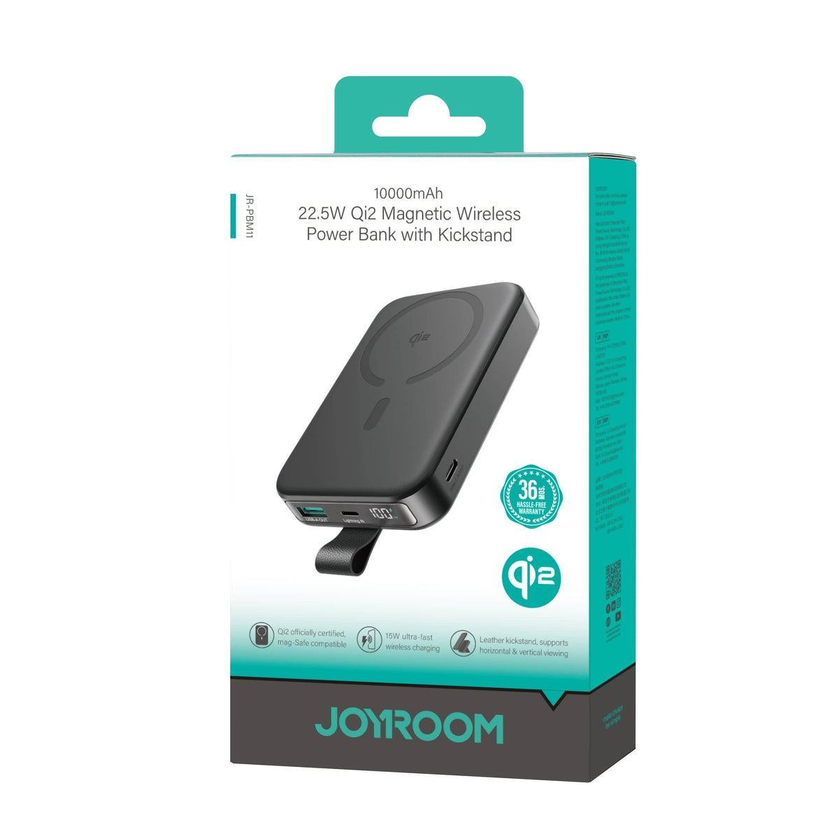 JOYROOM-C Qi2 15W Magnetic Wireless Power Bank 10000mAh, 22.5W Wired, Leather Kickstand Black | JR-PBM11 - متجر نصر