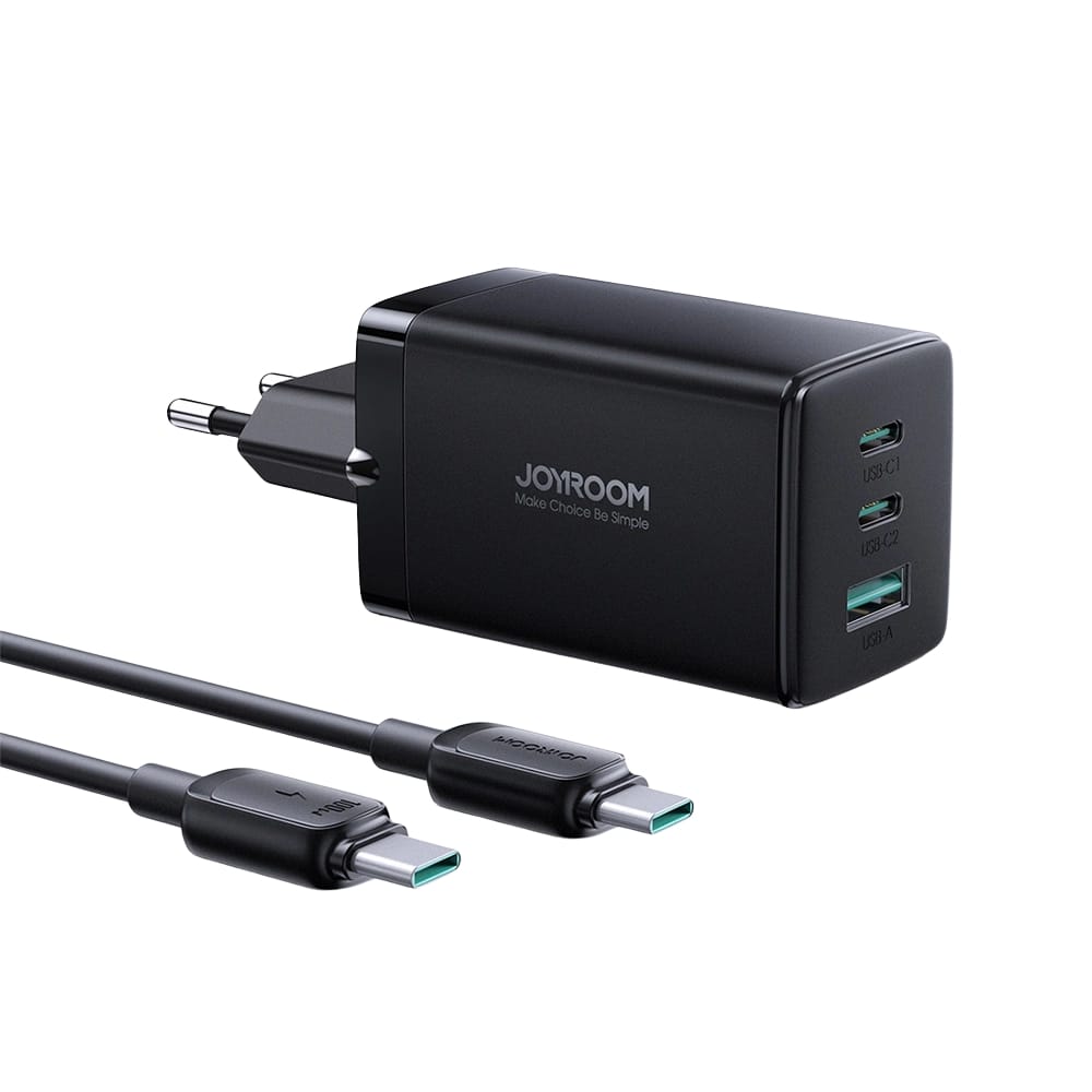 Joyroom fast GaN charger 65W USB-A, 2x USB-C black + USB-C - USB-C cable 100W 1.2m (TCG01) - متجر نصر