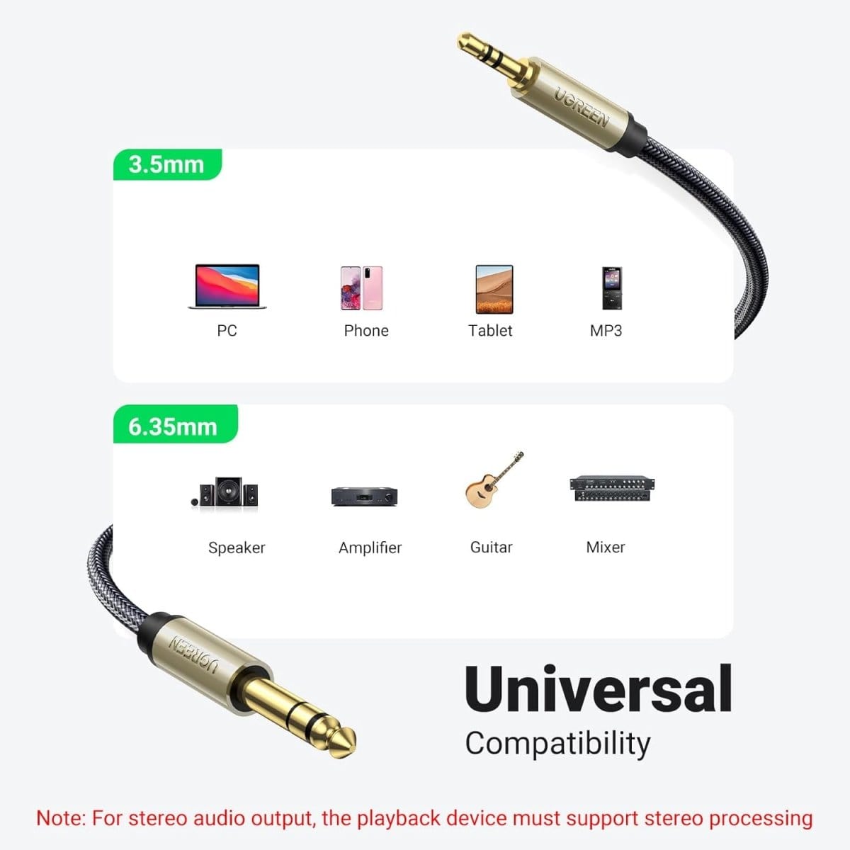 UGREEN Audio TRS Cable Mini Jack 3.5mm / Jack 6.35mm - Gray / AV127 - متجر نصر