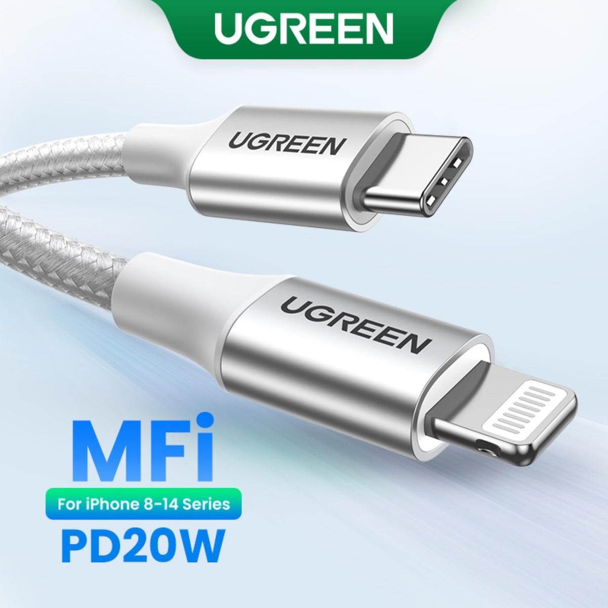 كيبل شحن سريع من UGREEN، USB-C إلى Lightning معتمد من MFi، تقنية PD، بطول 2 متر، لون فضي | 70525 - Acc - متجر نصر