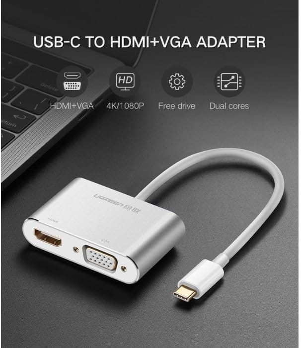 محول يوجرين من تايب سي إلى HDMI + VGA (أبيض) | 30843 - متجر نصر