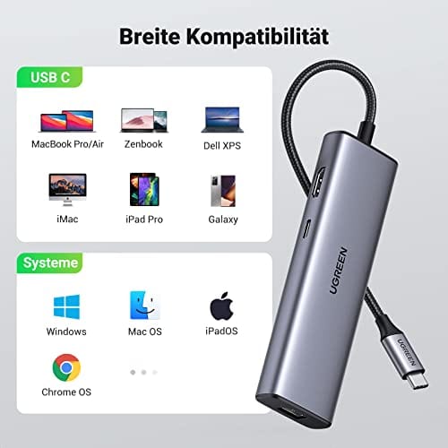 UGREEN-C 7-in-1 USB-C Hub 4K@30Hz HDMI, Gigabit Ethernet, 2x USB 3.0, SD/TF, 100W PD Gray | CM512 - متجر نصر