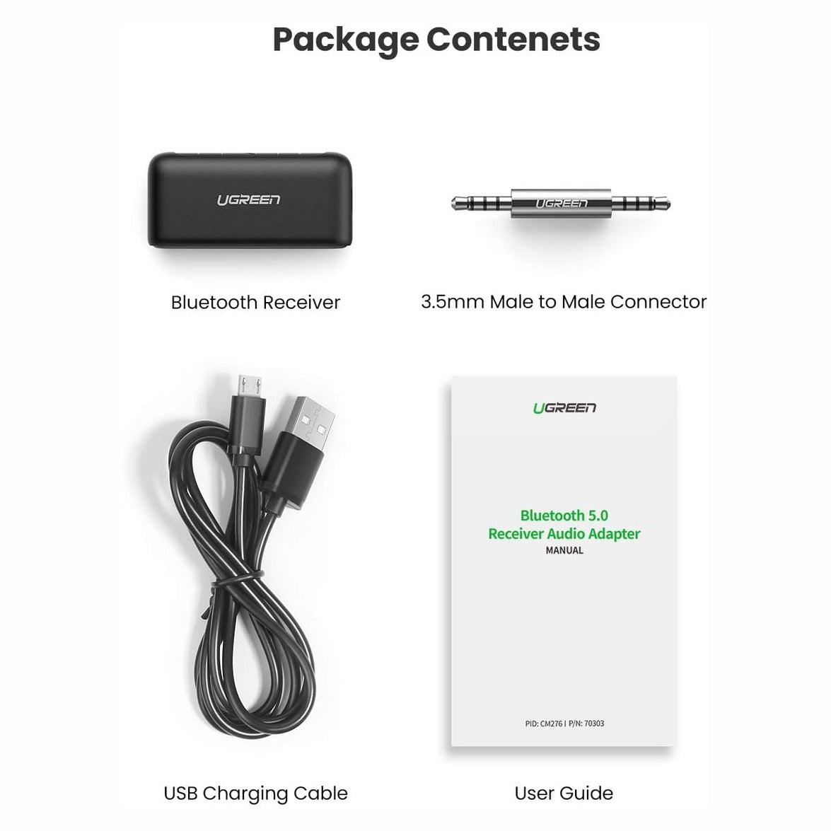 ادابتر AUX للسيارة UGREEN مستقبل بلوتوث Bluetooth 5.0 مع مايك مدمج أسود | CM276 - متجر نصر