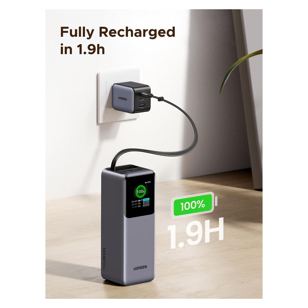 باور بانك UGREEN Nexode 20000mAh 165W مع كابل USB-C قابل للسحب رمادي | PB726 - متجر نصر