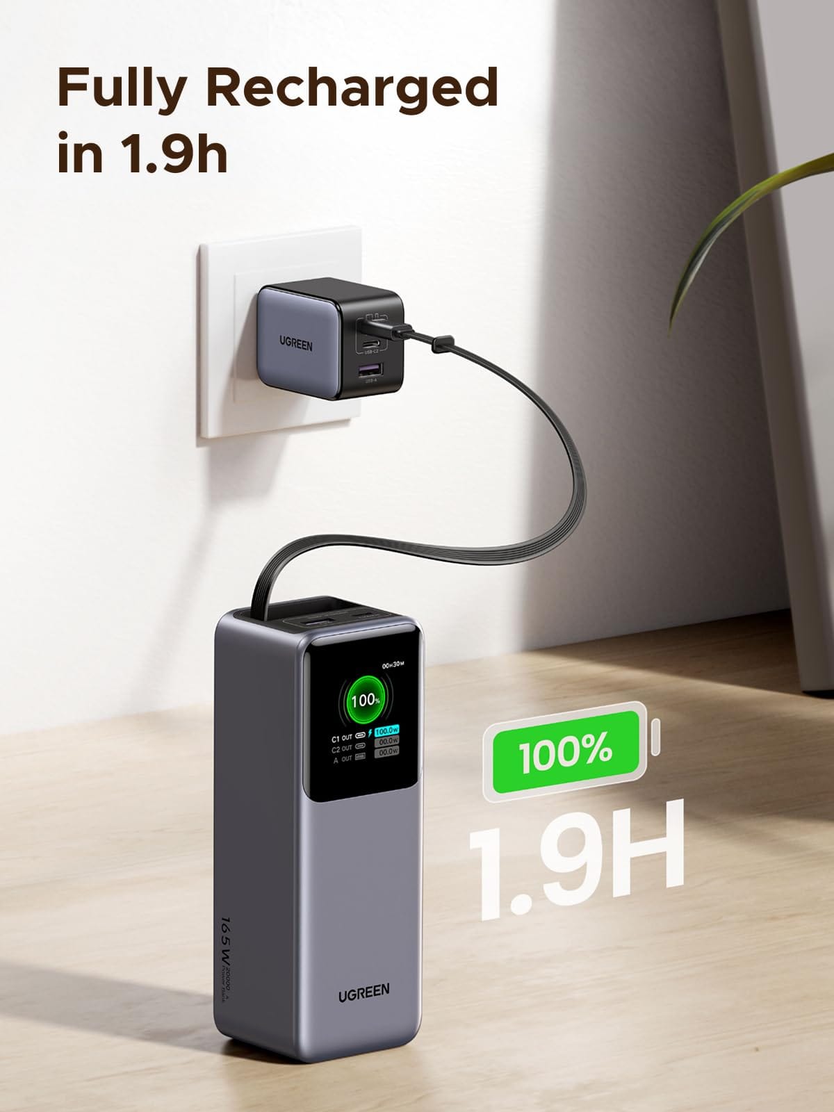 UGREEN-C Nexode Power Bank 20000mAh 165W with Retractable USB-C Cable Gray | PB726 - Acc - متجر نصر
