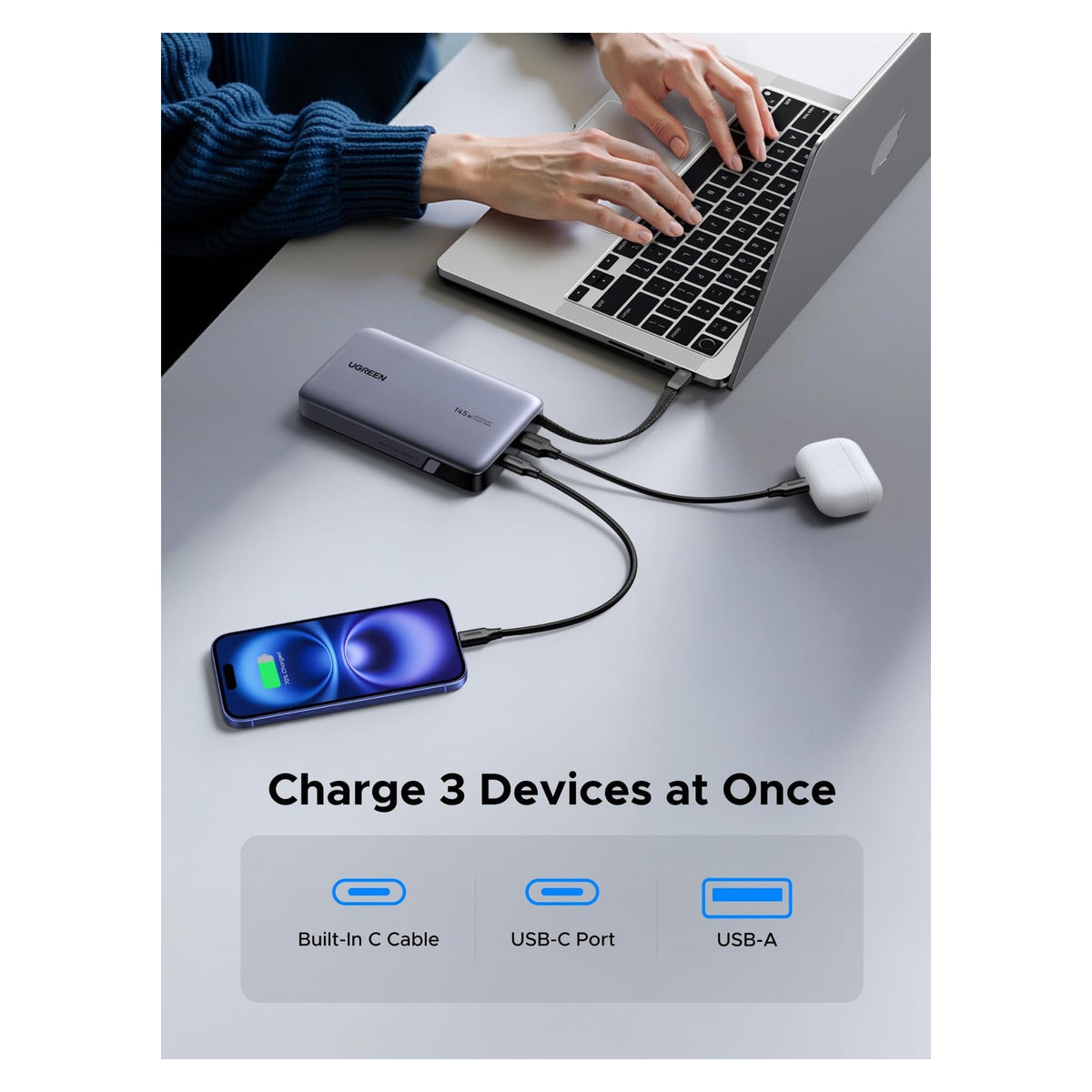 باور بانك UGREEN Nexode 20000mAh 145W مع كيبل USB-C مدمج رمادي | PB551 - متجر نصر