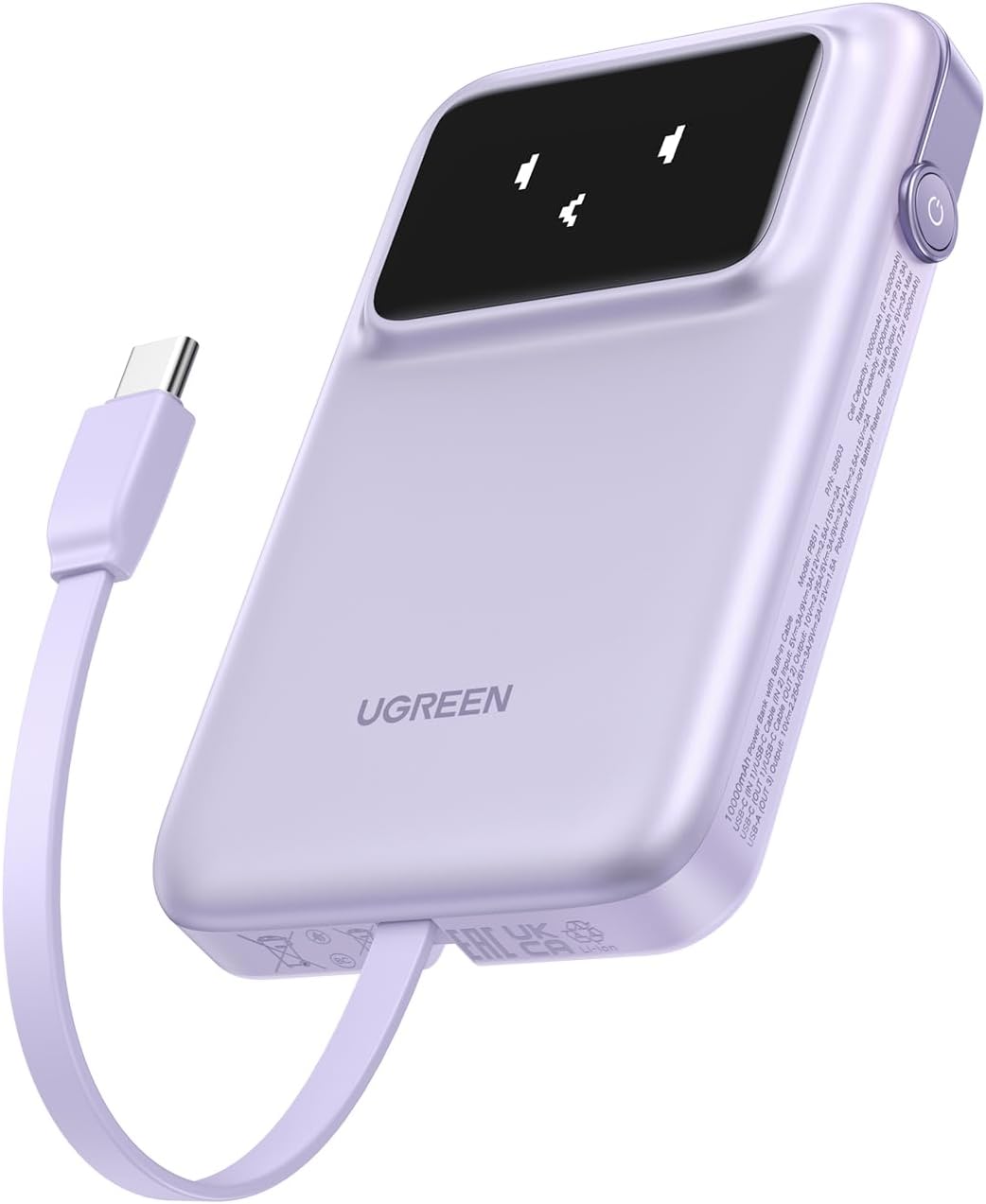 UGREEN-C Uno Power Bank 10000mAh 30W with Built-in USB-C Cable and TFT Display Purple | PB511 - Acc - متجر نصر