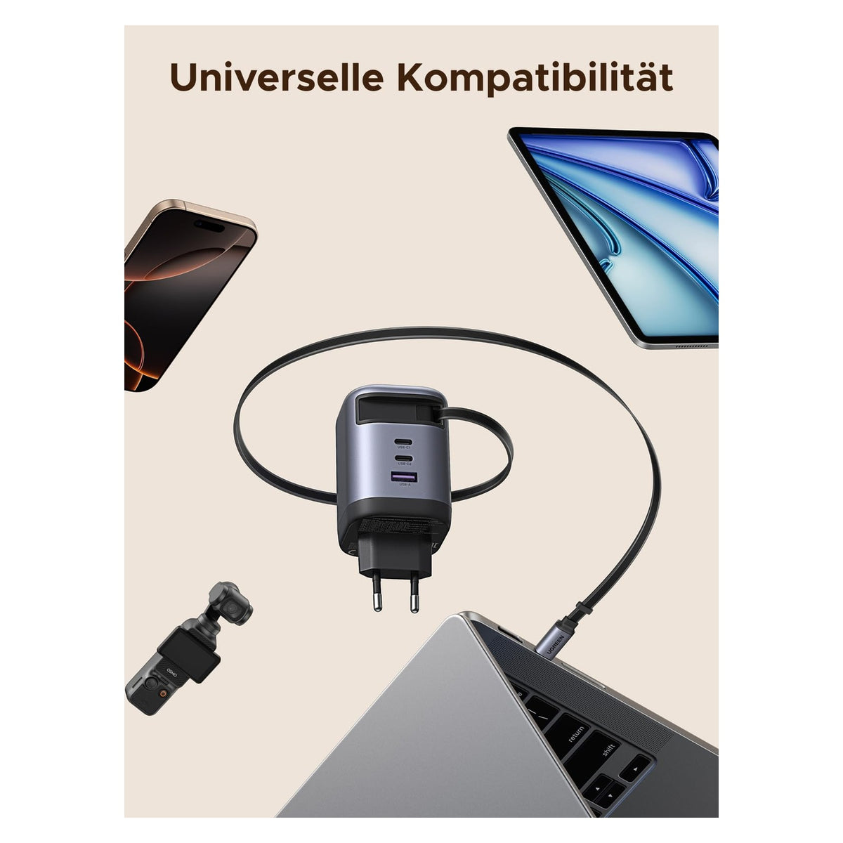 شاحن UGREEN Nexode 100W 4-in-1 GaN مع كيبل USB-C قابل للسحب (قابس EU) | X616 - متجر نصر