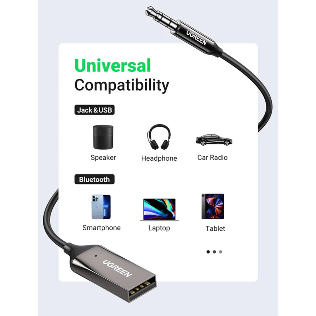 UGREEN Car Bluetooth 5.0 Receiver Audio Adapter Black(5.0) / 70601 - متجر نصر