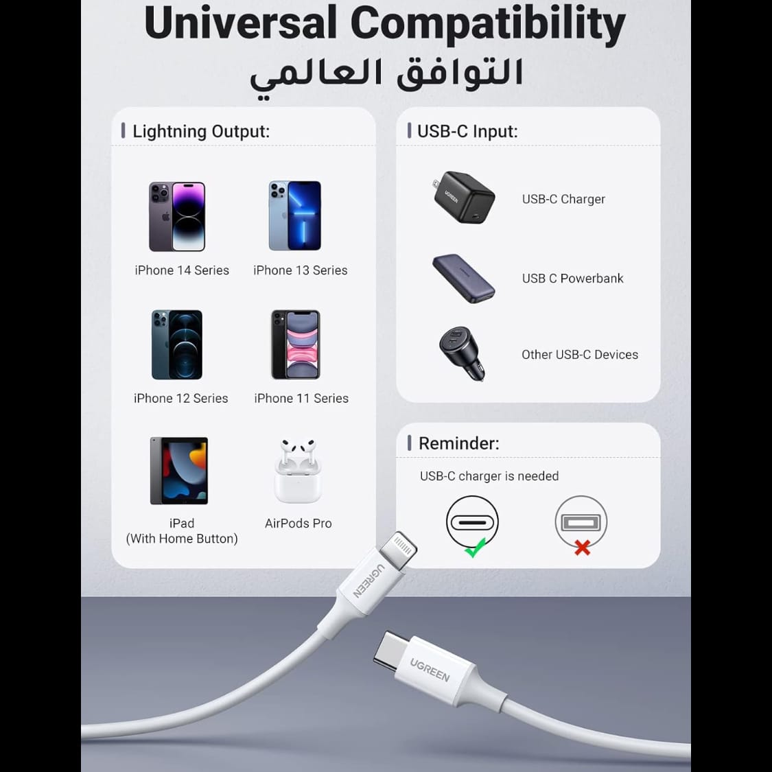 كابل شحن UGREEN Lightning إلى Type-C 2.0 ذكر (أبيض) / 10493-60749 - متجر نصر