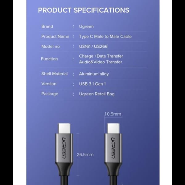 كيبل UGREEN USB 3.1 تايب سي ذكر إلى تايب سي ذكر 1.5 متر | 50751 - متجر نصر