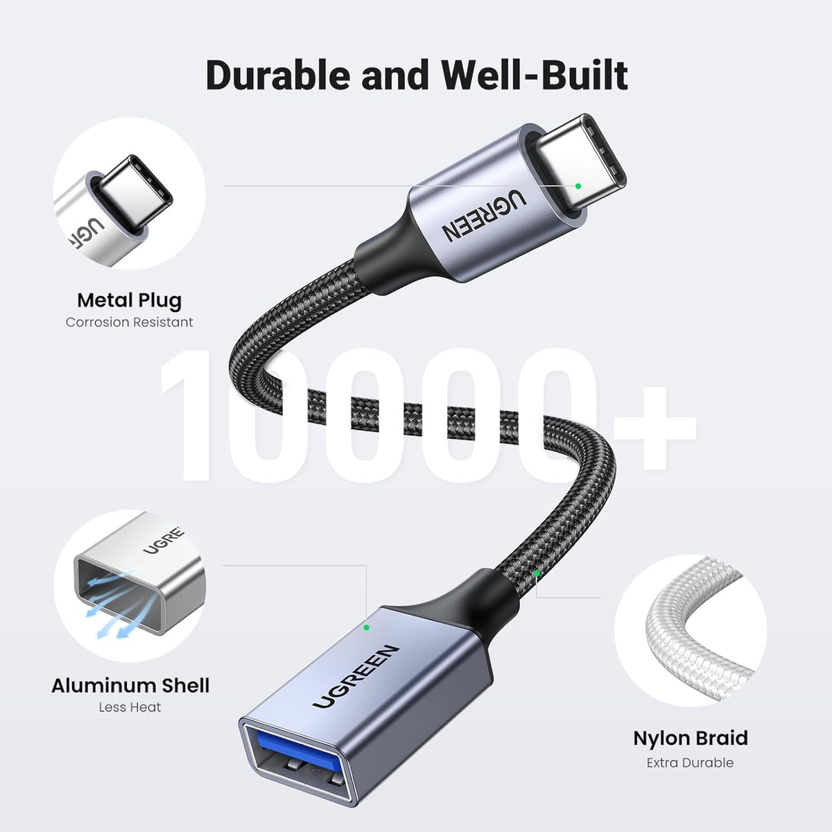 UGREEN USB-C to USB-A OTG Adapter Cable, Nylon Braided Aluminum Gray | US378 - متجر نصر