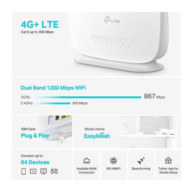 Tp-Link Archer MR505 | 4G+ Cat6 AC1200 Wireless Dual Band Gigabit Router متجر نصر