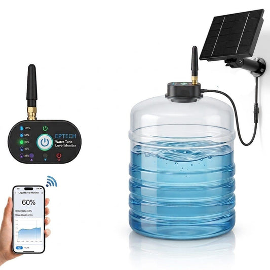 Water tank lifter system with a large clear water jug filled with blue water, a solar power supply, an RF controller, and a smartphone app shown on a hand, all on a white background.