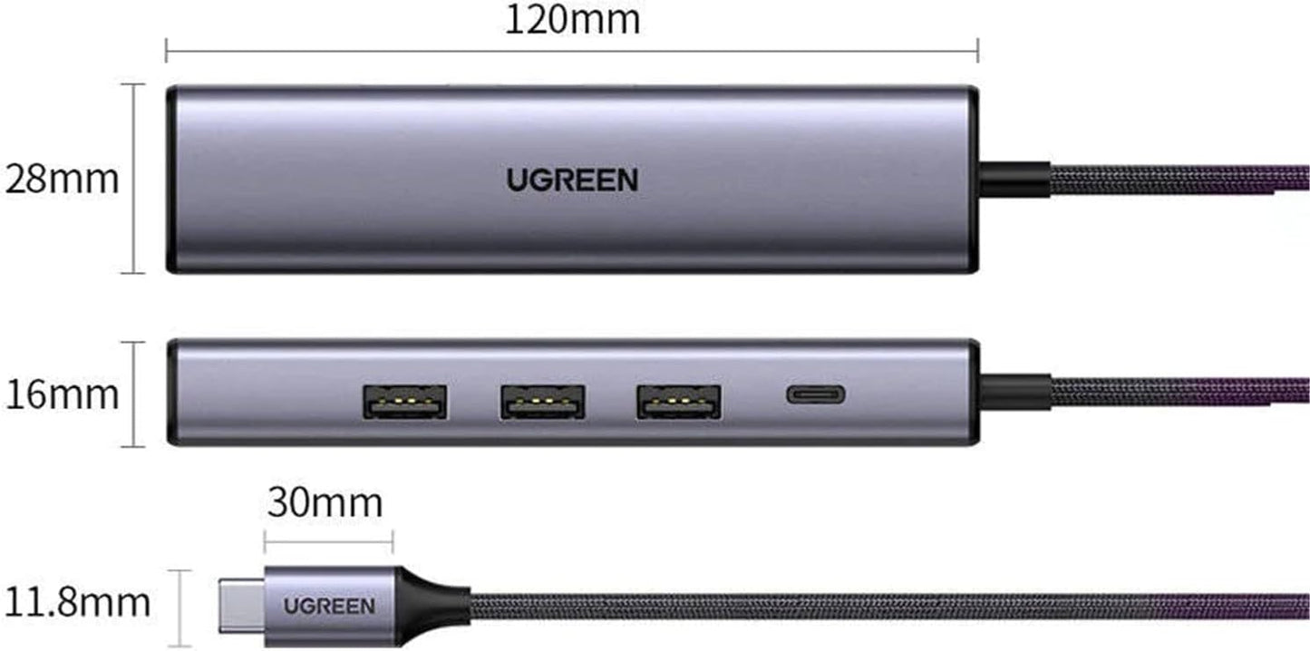 20932/ UGREEN USB-C to 3xUSB 3.0 Up to 5Gpbs + RJ45 (1000M) Ethernet With Power Port PD 100W