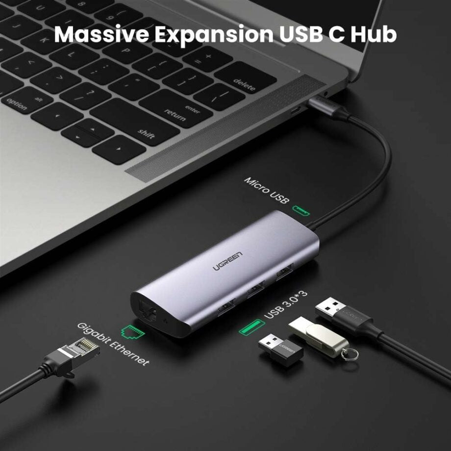 UGREEN USB-C to 3xUSB-A 3.0 Up to 5Gpbs + RJ45 (1000M) Ethernet With Power Port Micro USB Adapter / 60718