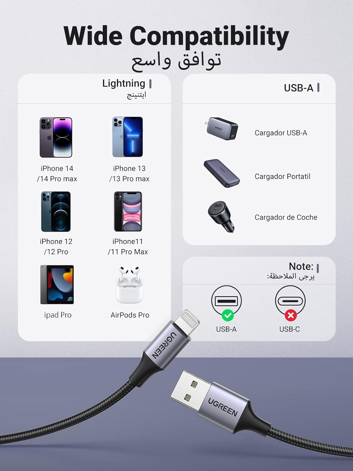 Ugreen USB-A to Lightning Charging Cable, Silver / 60163-60161