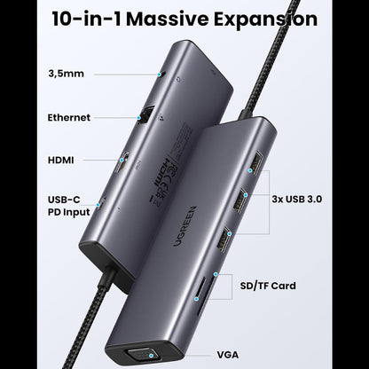 15601 / UGREEN USB-C to 3*USB 3.0 A+HDMI 4K@30Hz;2K@60HZ;1080P@120Hz + VGA + RJ45 + SD/TF + 3.5mm Audio + PD Adapter متجر نصر