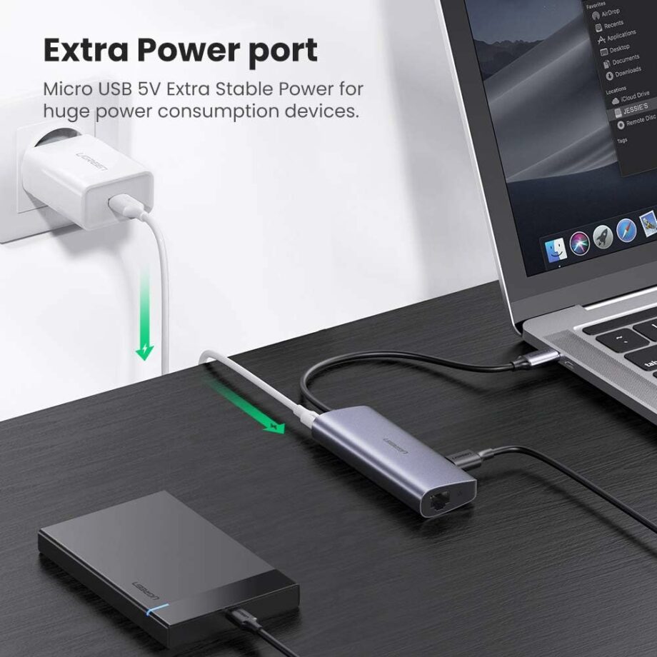 UGREEN USB-C to 3xUSB-A 3.0 Up to 5Gpbs + RJ45 (1000M) Ethernet With Power Port Micro USB Adapter / 60718