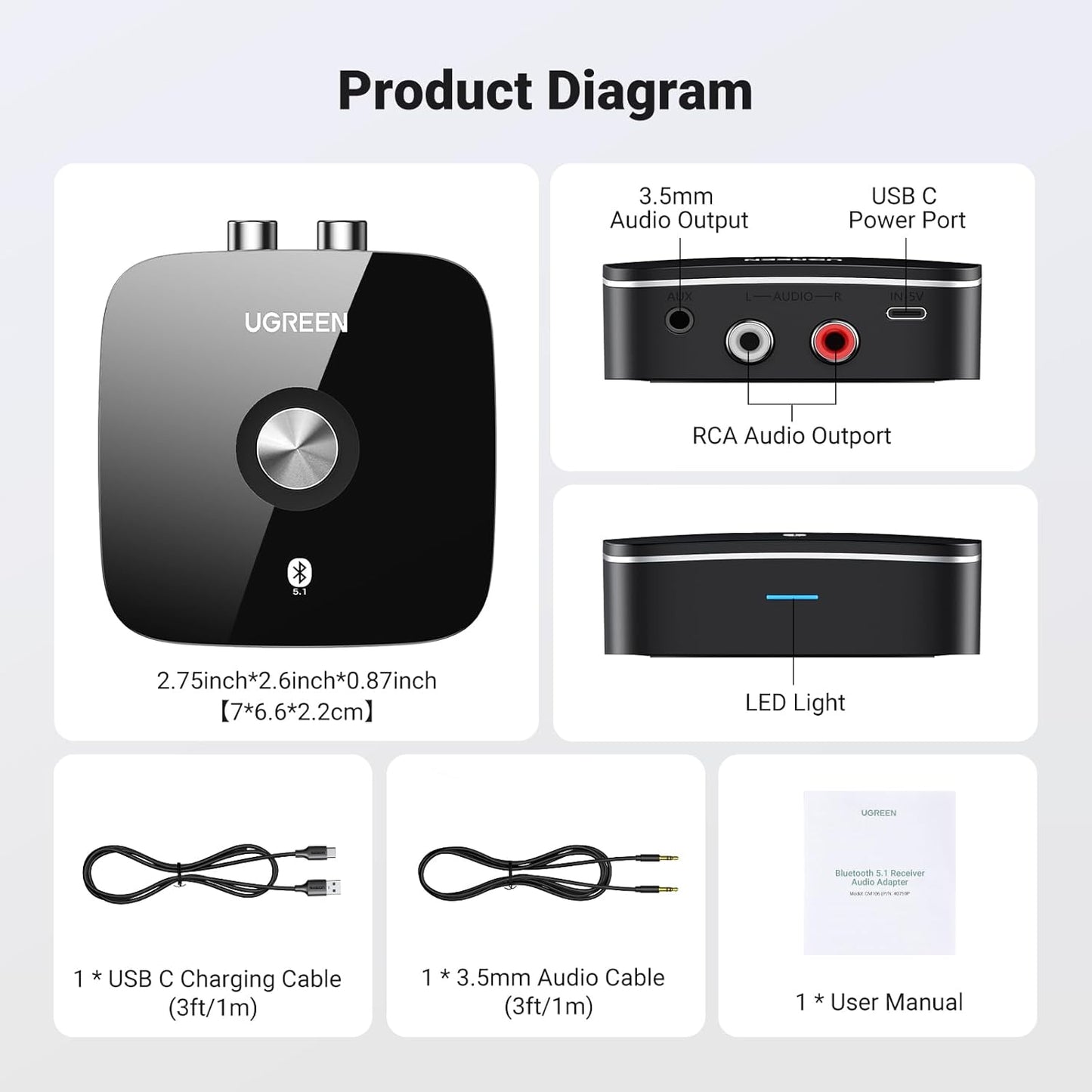 UGREEN Bluetooth 5.1 Audio Receiver for HiFi With 3.5mm Aux and 2 RCA Ports | 40759P - متجر نصر