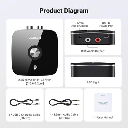 UGREEN Bluetooth 5.1 Audio Receiver for HiFi With 3.5mm Aux and 2 RCA Ports | 40759P