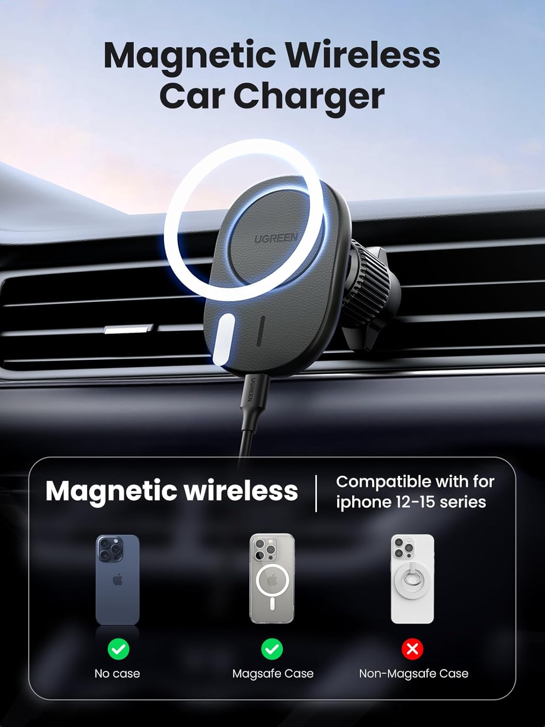 UGREEN MagSafe Car Mount Charger, Magnetic Wireless Car Charger, Fast Charge Auto-Alignment Air Vent Car Phone Holder /25925