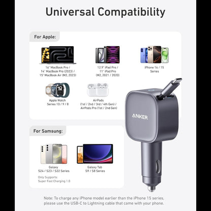 Anker Nano 75W - Fast Car Charger with Retractable Cable