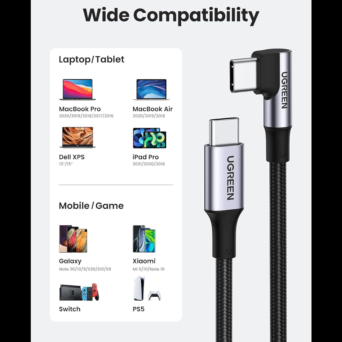 UGREEN 100W Right Angle USB C to USB C Fast Charging Cable / US334 متجر نصر