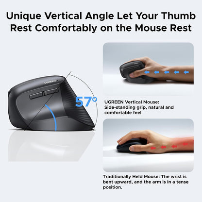 UGREEN 65042 | Vertical Mouse, Wireless Bluetooth Ergonomic Mouse, Dual-Mode (BT 5.4 & USB 2.4G), Quiet Clicks, 4 Adjustable DPI