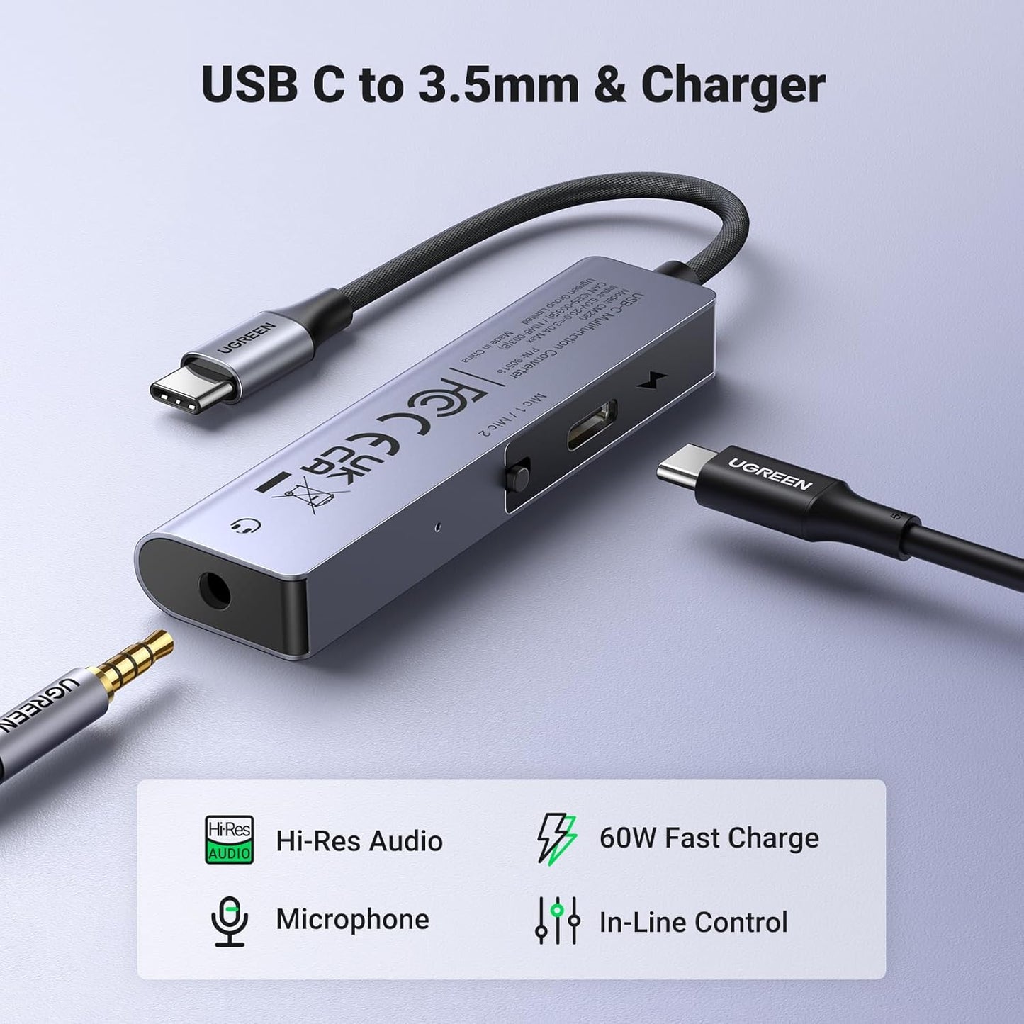 UGREEN USB C to 3.5mm Headphone and Charger Adapter Metallic DAC Hi-Res 32Bit/384KHz 60W PD Fast Charge Type C Aux Mic Splitter / 90518