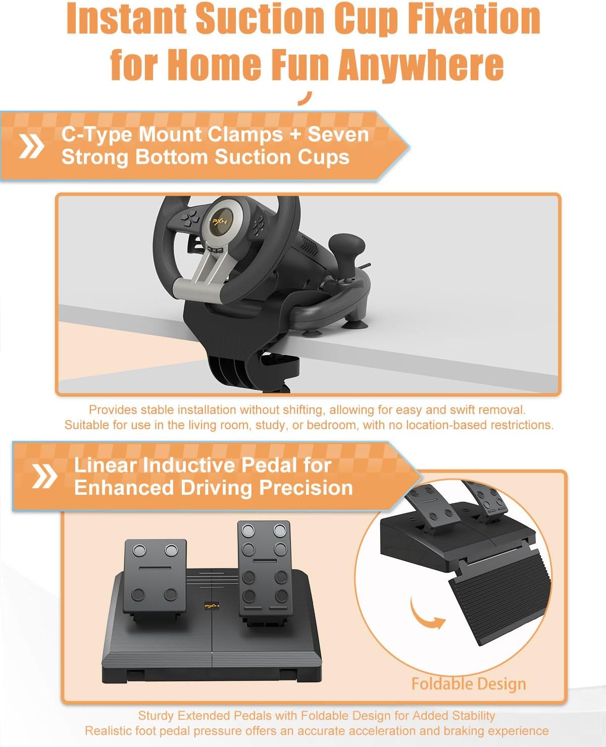 PXN V3 Pro Games Steering Wheel | (Black - Orange) - متجر نصر