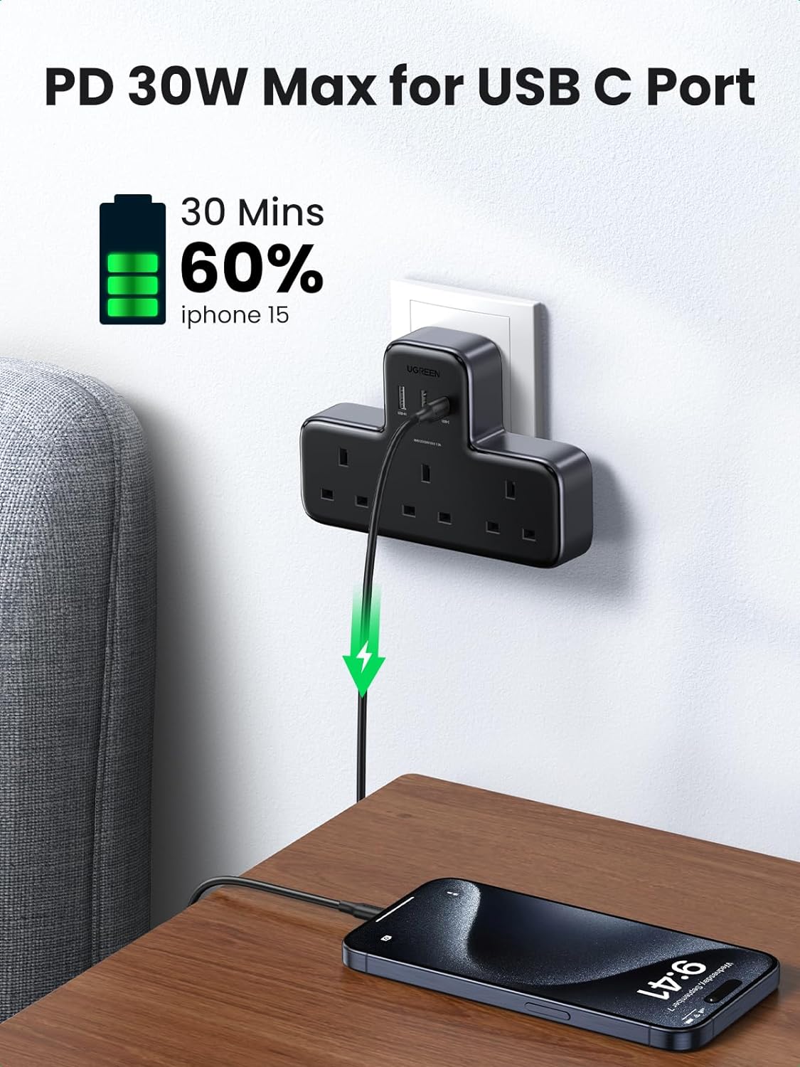 UGREEN DigiNest Power Strip (3 AC Outlets + 30W 2A1C) UK / 15360