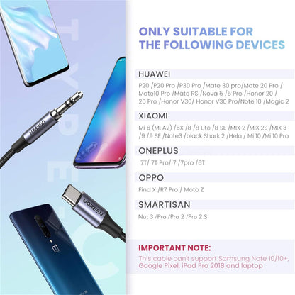 UGREEN USB C to 3.5mm Braided Aux to USB C Car Stereo Audio Headphone Jack Type C Earphone Lead / 30633 متجر نصر