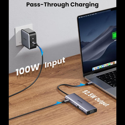 15601 / UGREEN USB-C to 3*USB 3.0 A+HDMI 4K@30Hz;2K@60HZ;1080P@120Hz + VGA + RJ45 + SD/TF + 3.5mm Audio + PD Adapter متجر نصر