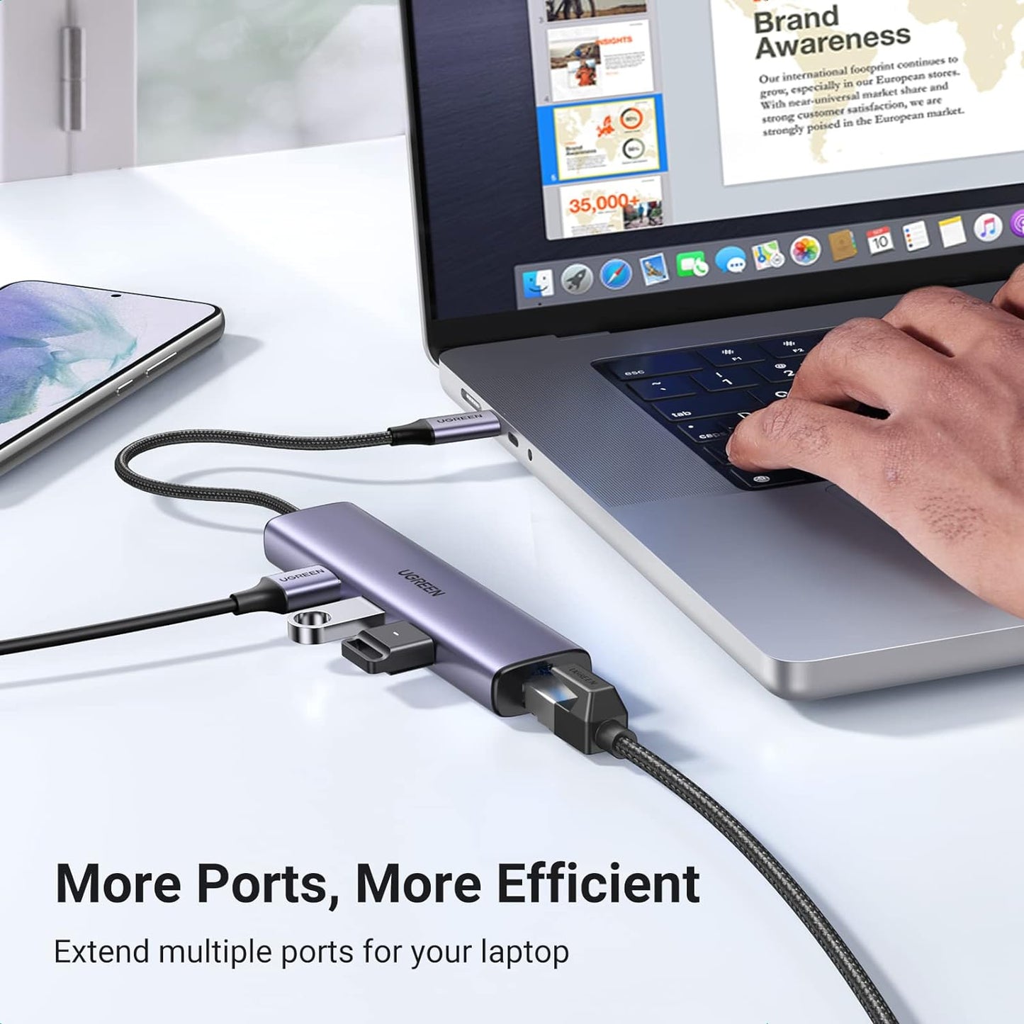 UGREEN USB-C to 3×USB-A 3.0 Hub Up to 5Gpbs + RJ45 (1000M) Ethernet Adapter / 60600