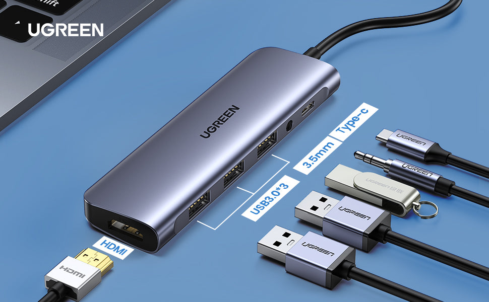 UGREEN USB-C to 3×USB-A 3.0+HDMI+AUX 3.5mm (2-in-1)+USB-C PD Multifunction Adapter / 80132