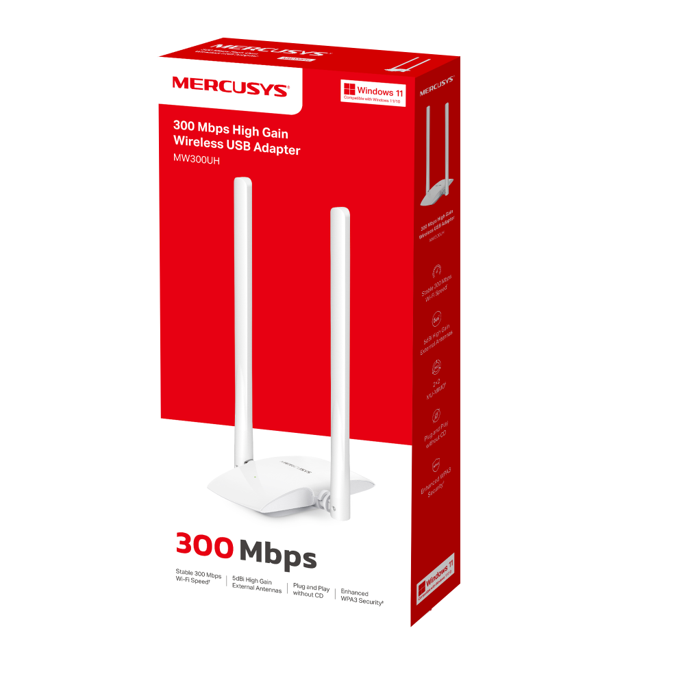 Mercusys® N300 Wi-Fi 4 High Gain Wireless USB Adapter with 2 External Antennas | MW300UH - متجر نصر