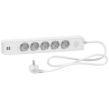 Schneider Power Strip 5 Gang and 2 USB ports | White/Black | 1.5/3 Meter | EU Plug 1.5m Cable White #ST945U1W