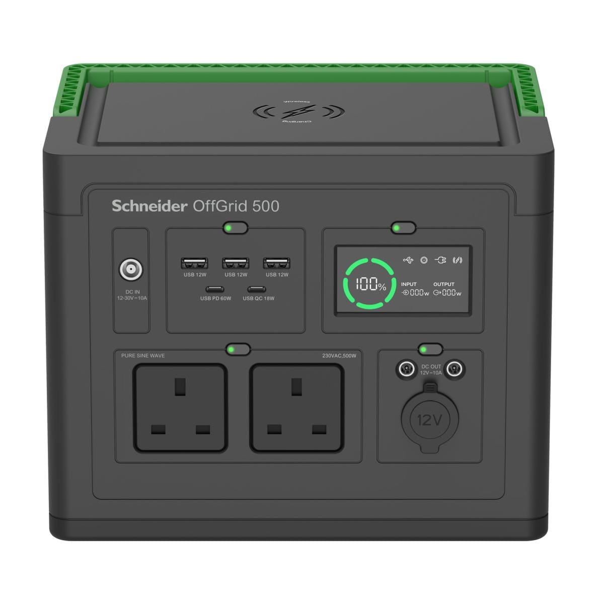 محطة الطاقة المحمولة Schneider OffGrid 500 – سعة 517 وات في الساعة، موجة جيبية نقية، شحن لاسلكي، مخرجين طاقة بريطانيين – (500 وات) - متجر نصر