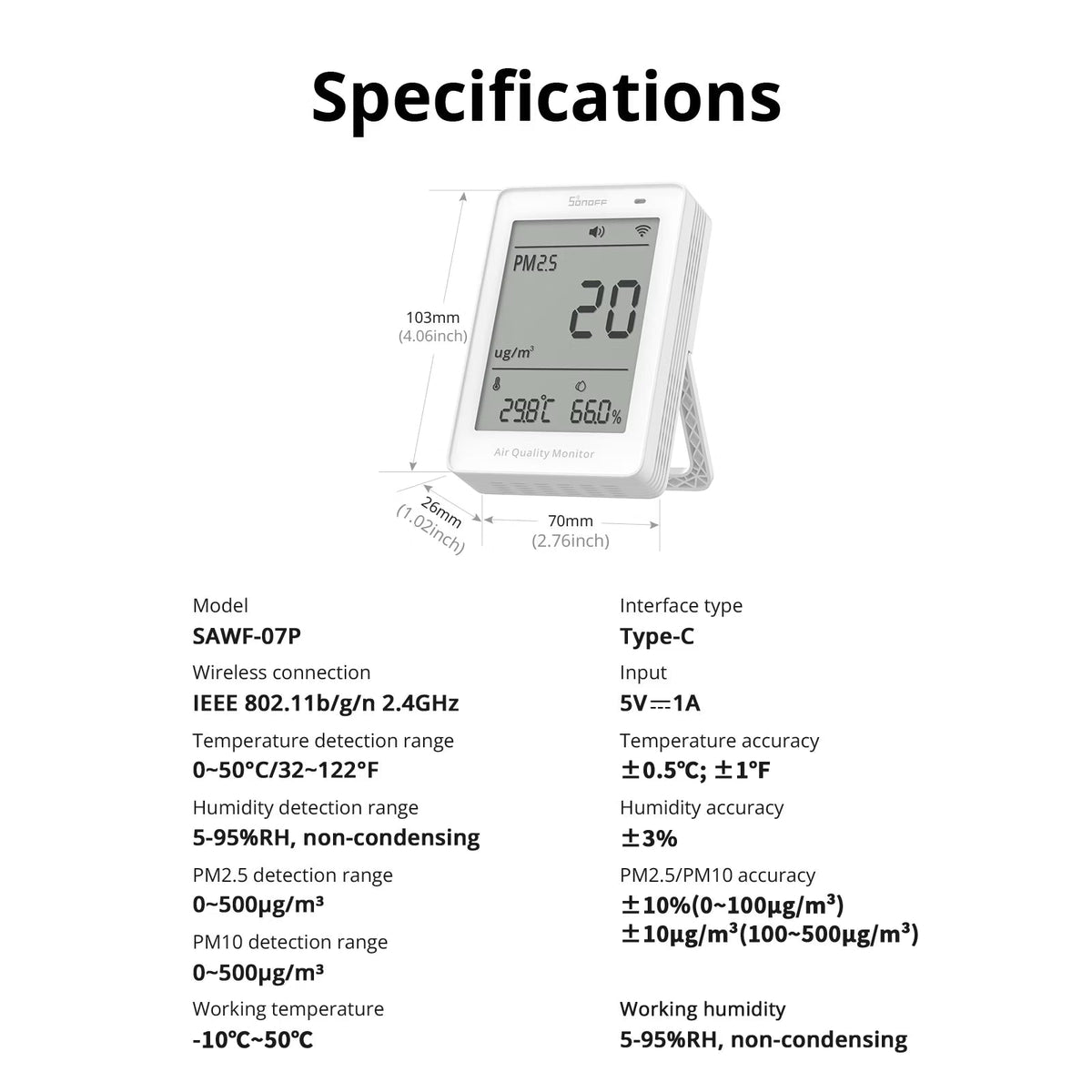 Sonoff-C AirGuard Wi-Fi Air Quality Monitor (PM2.5/PM10 or CO2) Matter | SAWF-07P - متجر نصر
