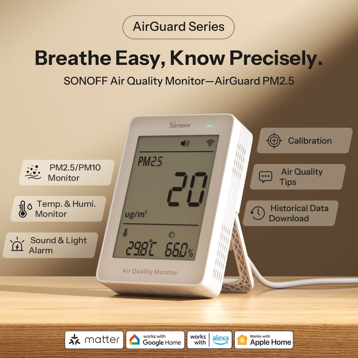 Sonoff-C AirGuard Wi-Fi Air Quality Monitor (PM2.5/PM10 or CO2) Matter | SAWF-07P - متجر نصر