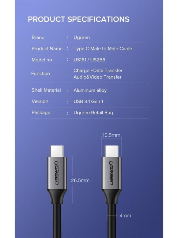 UGREEN USB 3.1 Type C Male to Type C Male Cable 1.5m /50751