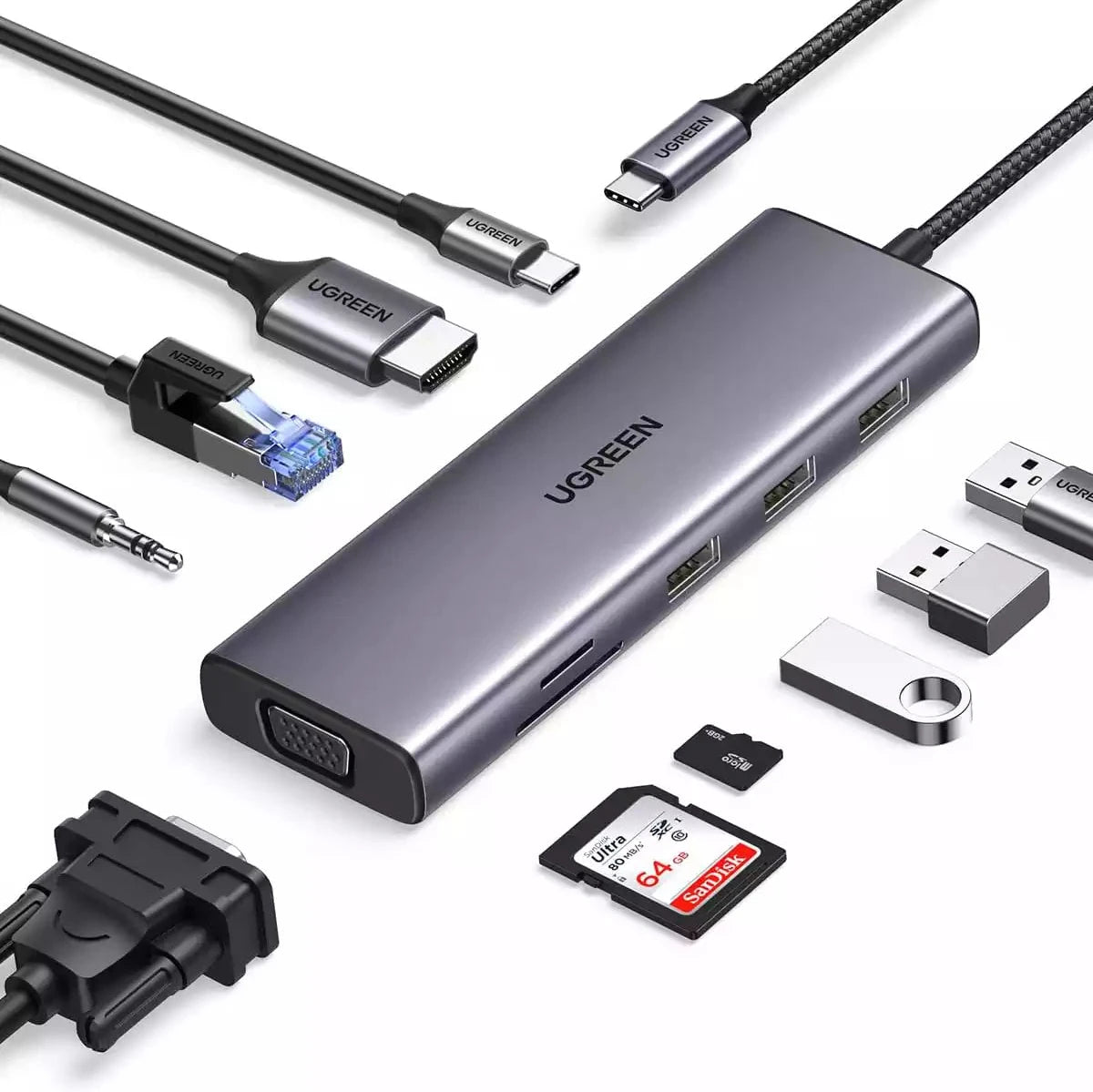 UGREEN USB-C to 3*USB 3.0 A+HDMI 4K@30Hz;2K@60HZ;1080P@120Hz + VGA + RJ45 + SD/TF + 3.5mm Audio + PD Adapter