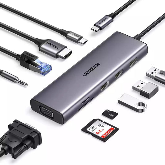 UGREEN USB-C إلى 3*USB 3.0 A+HDMI 4K@30Hz؛2K@60HZ؛1080P@120Hz + VGA + RJ45 + SD/TF + محول صوت 3.5 مم + PD