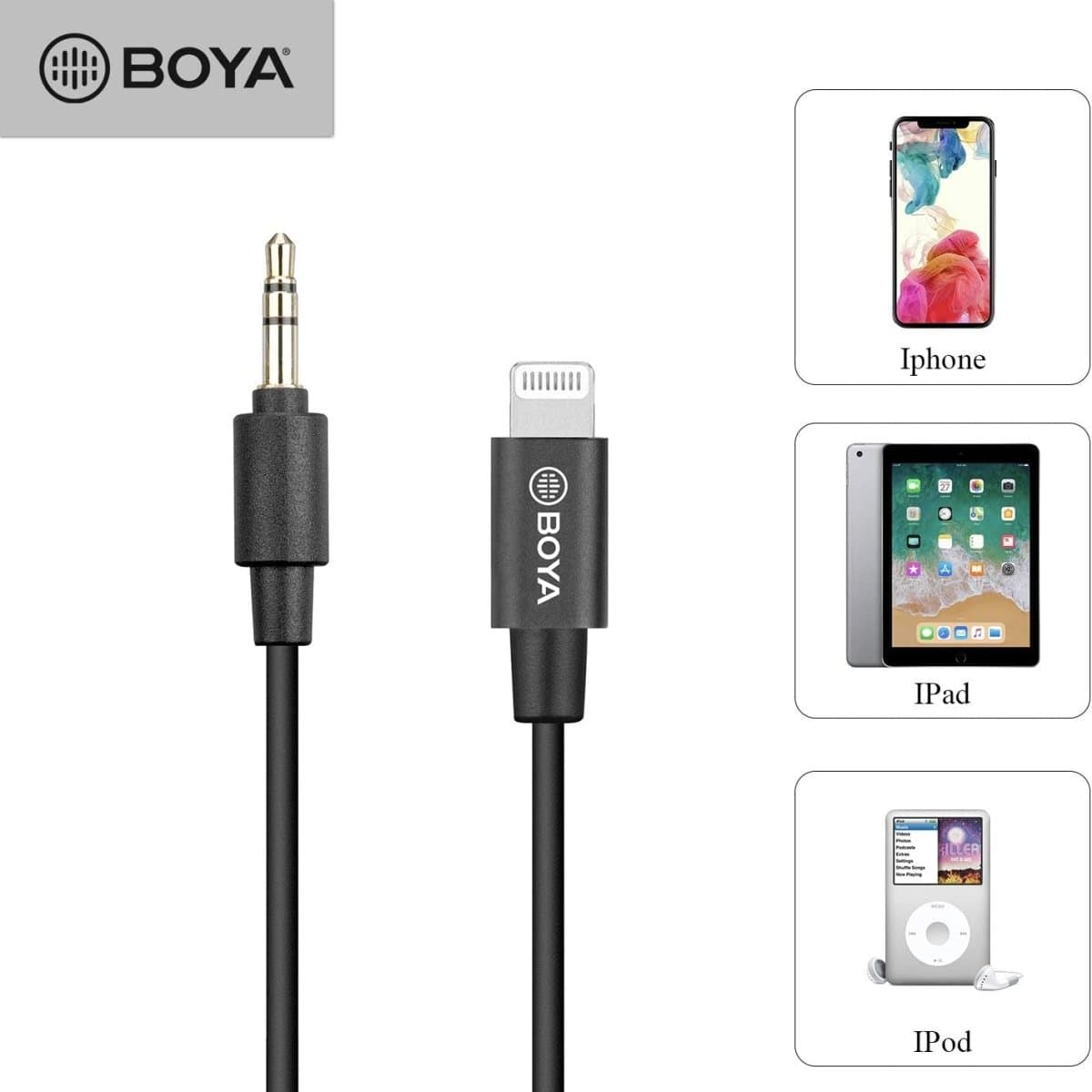 BOYA BY-K1 3.5mm Male to Apple MFi Male Certified Lightning Adapter Cable (20cm) - متجر نصر