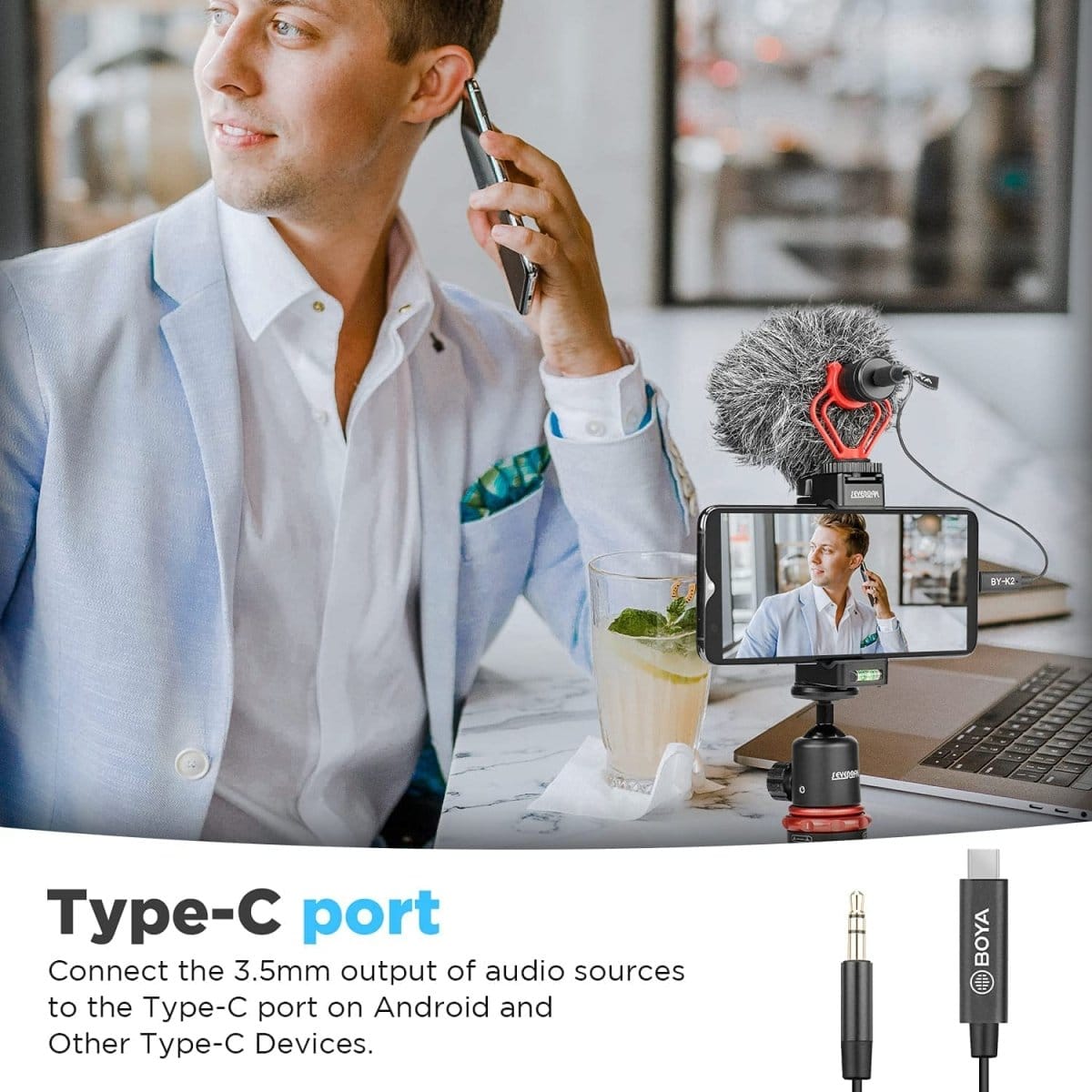 BOYA BY-K2 3.5mm TRS Male to Type-C Male Audio Adapter Cable (7.8in) - متجر نصر
